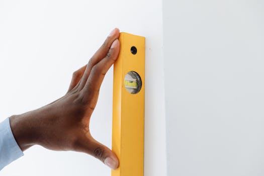 A close-up of a hand using a yellow level tool against a white wall to ensure vertical alignment.