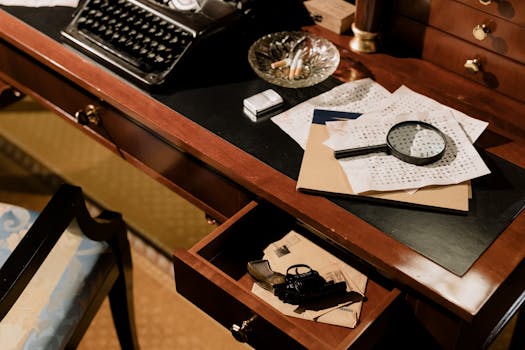 A moody vintage detective's desk with typewriter, magnifying glass, and secret documents.