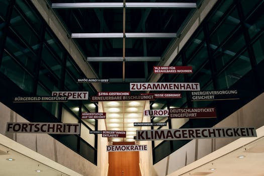 An architectural interior in Berlin featuring suspended German words and phrases highlighting social themes.