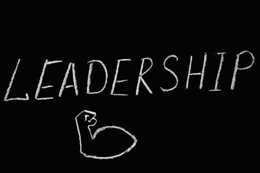 Chalkboard art showcasing the word 'Leadership' and a drawn muscle symbolizing strength.