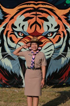 Female scout in uniform saluting in front of a fierce tiger mural, outdoors in daylight.