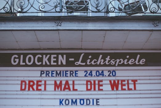 Retro cinema sign announcing 'Drei Mal Die Welt' premiere on April 24, 2020.