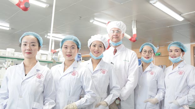 Team of healthcare workers in a laboratory wearing uniforms and safety gear.
