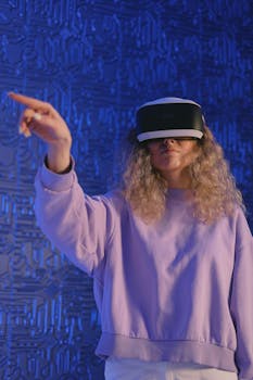 Woman pointing while using VR headset, exploring digital realms indoors.